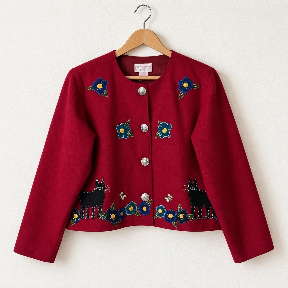 Casey Coleman Vintage Jacket Women Small Red Wool Blend Embroidered Floral